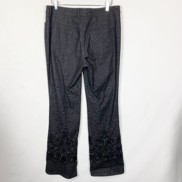 Escada Embroidered Beaded Black Denim Wide Leg Pant 42 - Picture 2 of 10